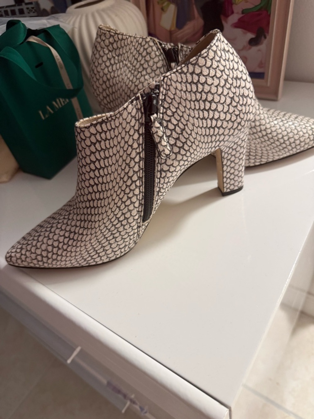 Cole Haan Cream Snake-Print Pointed Toe Ankle Boots - Picture 5 of 6